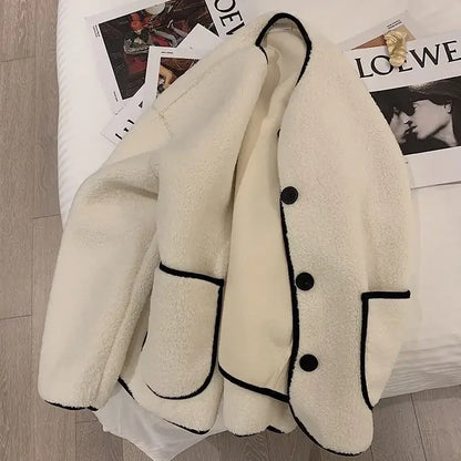 Women's Autumn Winter 2023 New Style Korean Fashion Loose Fit Cropped Petite Woolen Cardigan Jacket Crew Neck Top