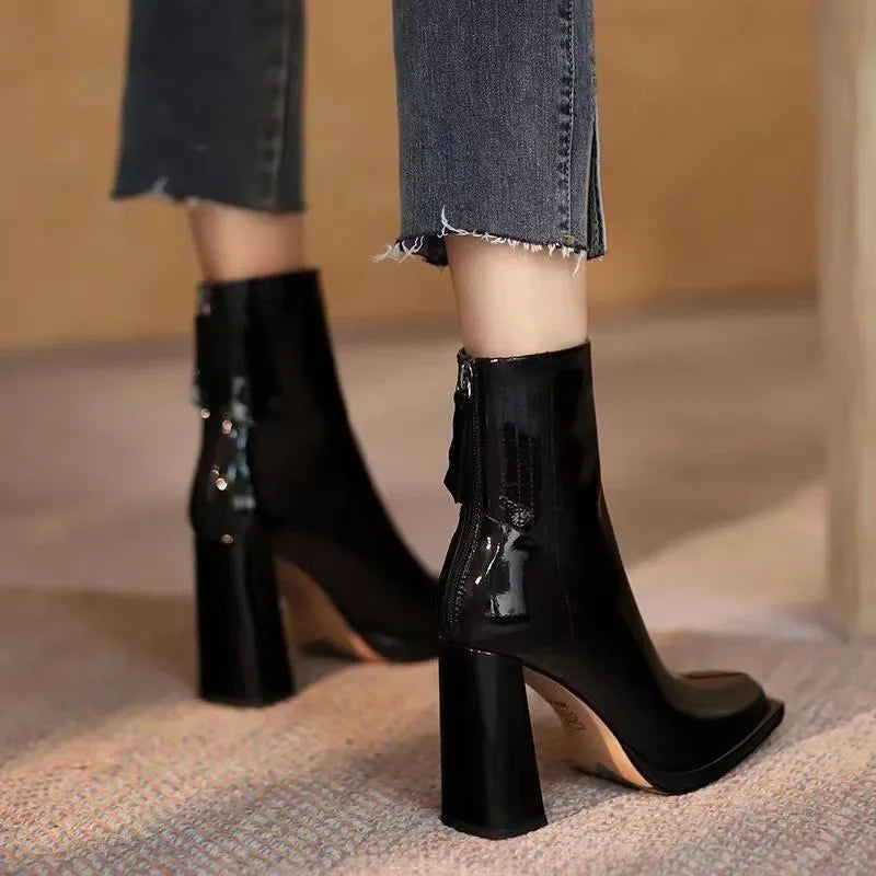 Female Shoes 2024 High Quality Ankle Women's Boots Elegant Modern Boots Women Sewing Square Toe High Heels Back Zip Shoes Women