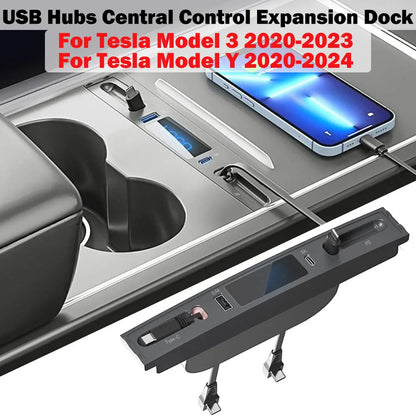 For Tesla Model 3 2020-2023&Model Y 2020-2024 USB Central Control Expansion Dock,With Retractable Cables Fast Charging Adapter