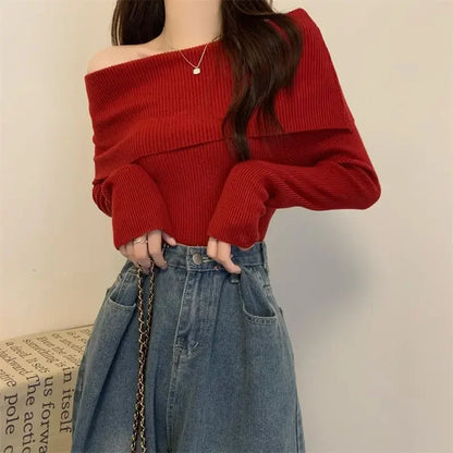 Spring Knitted Top Women's Off-shoulder Design Sensibility Niche Long Sleeve Base Layer Top Trendy Women's Knitwear