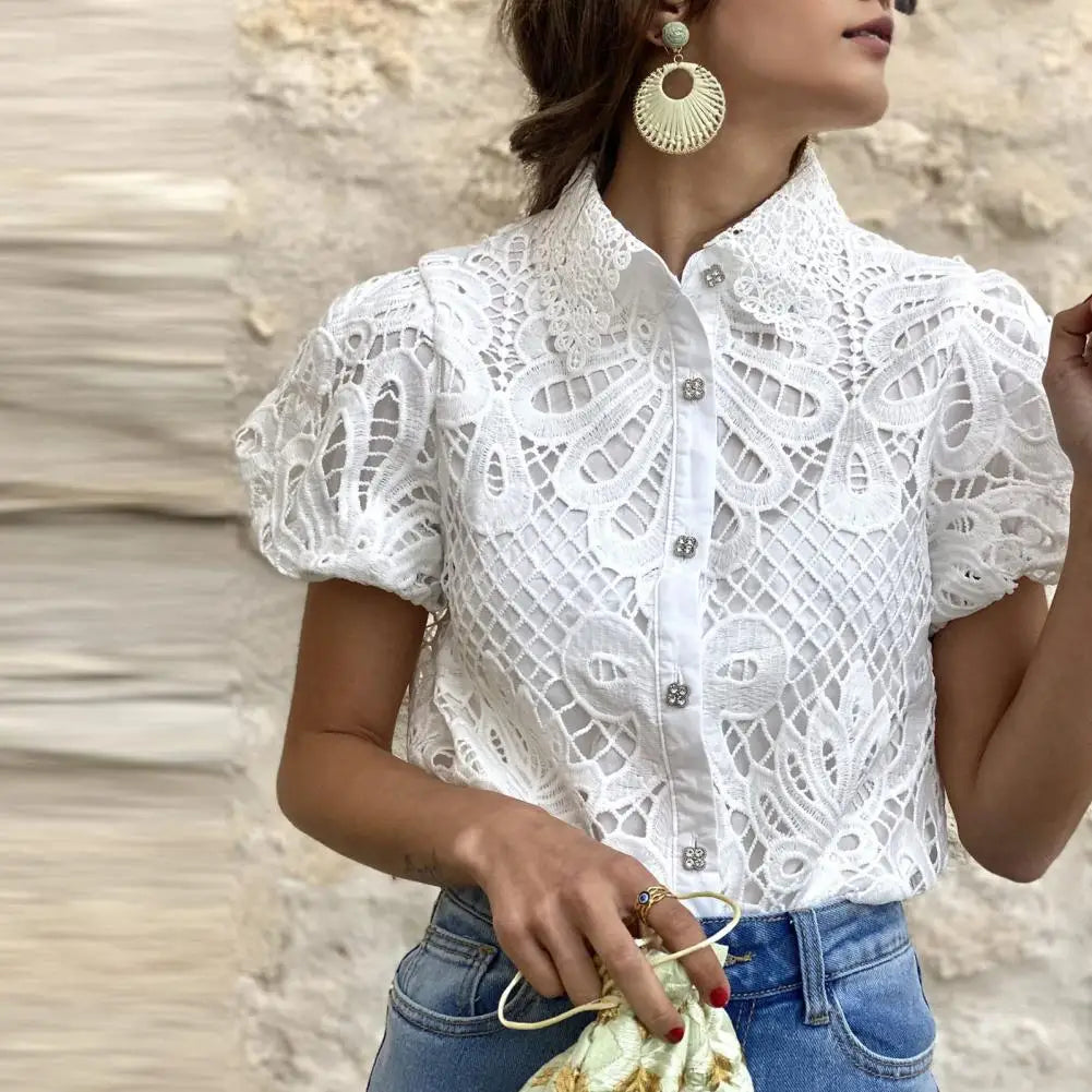 Shirt Top Women Lace Shirt Elegant Lace Crochet Blouse for Women Slim Fit Lapel Shirt with Puff Sleeves Button Closure Stylish