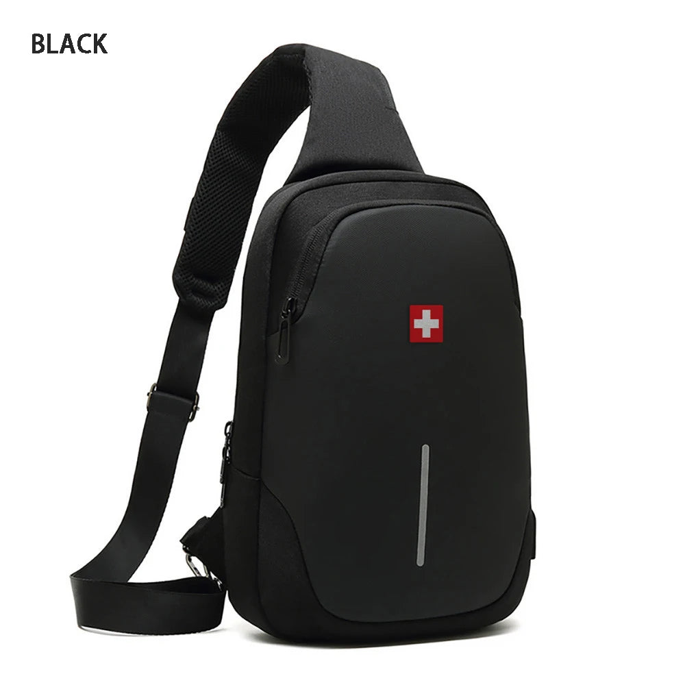 SWISS New Men's Casual Chest Bag Sports Waterproof Shoulder Bag Anti-theft Crossbody Bag Fashion Solid Color Usb Bag Sling Pack