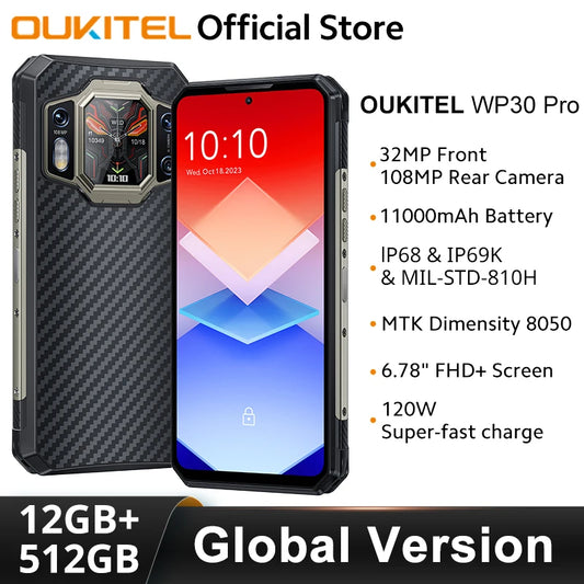 Global Version Oukitel WP30 Pro 5G Rugged Smartphone android 13 12GB+512GB 120W 11000mAh 6.78" FHD+ Mobile Phone 108MP Camera