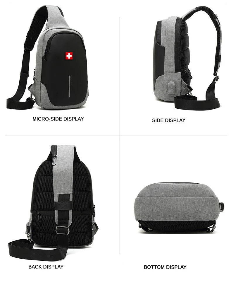 SWISS New Men's Casual Chest Bag Sports Waterproof Shoulder Bag Anti-theft Crossbody Bag Fashion Solid Color Usb Bag Sling Pack