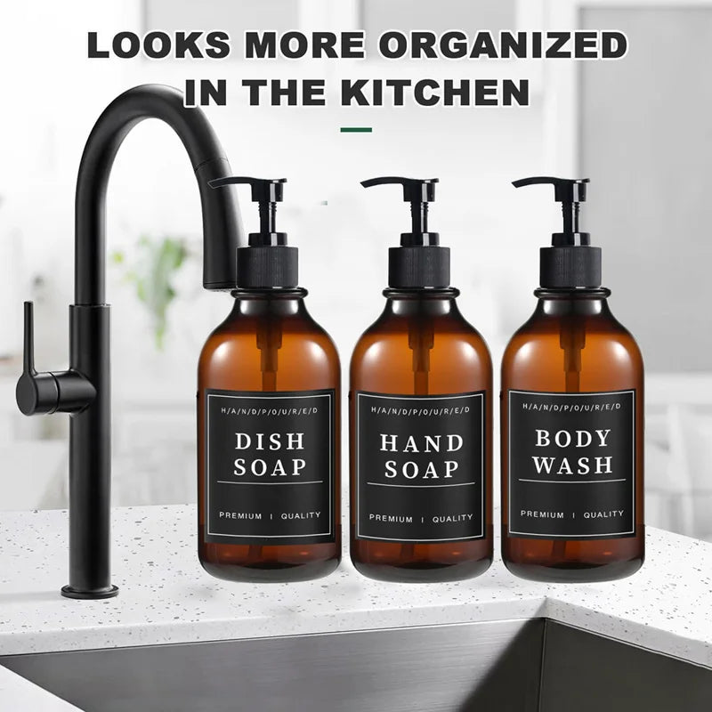 500ml Portable Empty Pump Dispenser Bottle Cylinder Shampoo Lotion Soap Hand Sanitizer Bottle with Tray 12 Label Bathroom