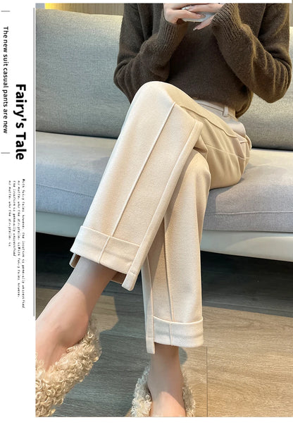 Woolen Pants Women's Harem Pencil Pants 2024 Autumn Winter High Waist Casual Pantalones Beige Black Women Ankle-Length Trousers