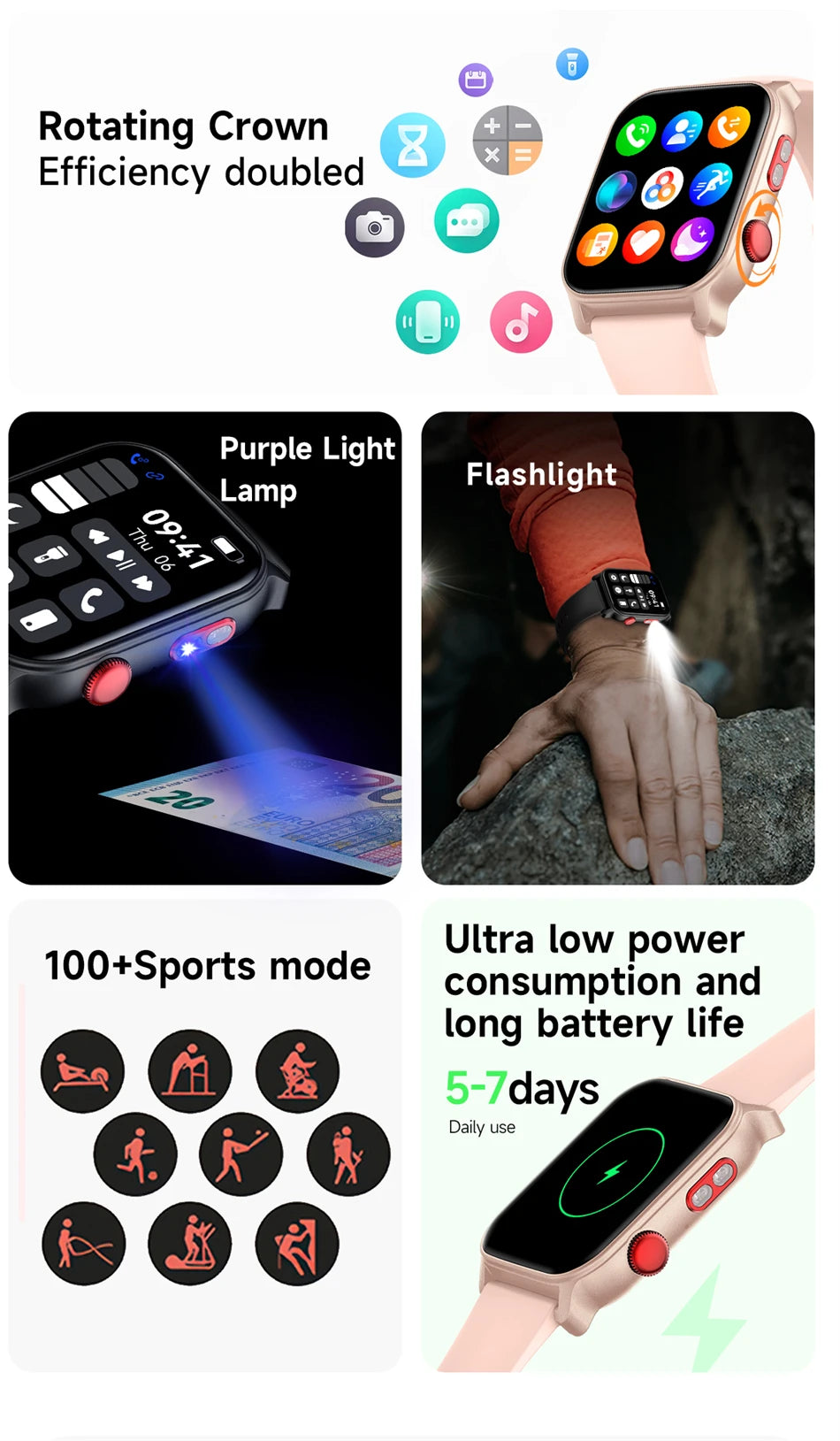 2025 New Flashlight Smart Watch Woman Men HD Touch Screen BT Call Multi Sport Mode Health Monitoring IP68 Waterproof Smartwatch