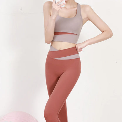 High Waist Yoga Set Lady Gym Suit Sport Set Shockproof Sport Bra Crop Top Patchwork Tracksuit Women Fitness Outfit Training Wear