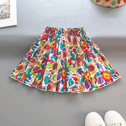 Kids Girls Princess Pleated Skirts Korean Girls Cotton Printed Large Hem Skirt Kids Floral Fluffy Party Skirt Children Clothes