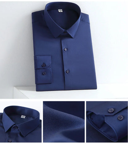 Men's Stretchy Smooth Long Sleeve Solid Dress Shirt Without Pocket Comfortable Standard-fit Wrinkle Free Smart Casual Shirts