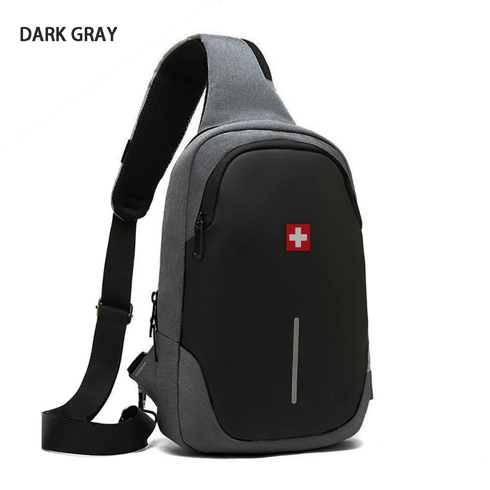 SWISS New Men's Casual Chest Bag Sports Waterproof Shoulder Bag Anti-theft Crossbody Bag Fashion Solid Color Usb Bag Sling Pack