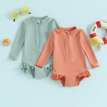 Long Sleeve Toddler Girls Rash Guard Swimsuit Kids Beachwear Fashion New Solid Color Ruffles Zipper Kids Bathing Suit Swimwear