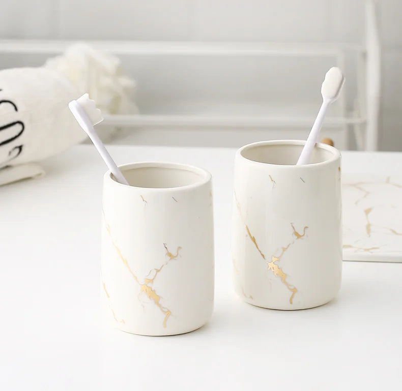 Ceramic Toiletries Bathroom Set Marble Porcelain Cup Toothbrush Holder / Soap Dispenser / Tray Bathroom Decoration Accessories