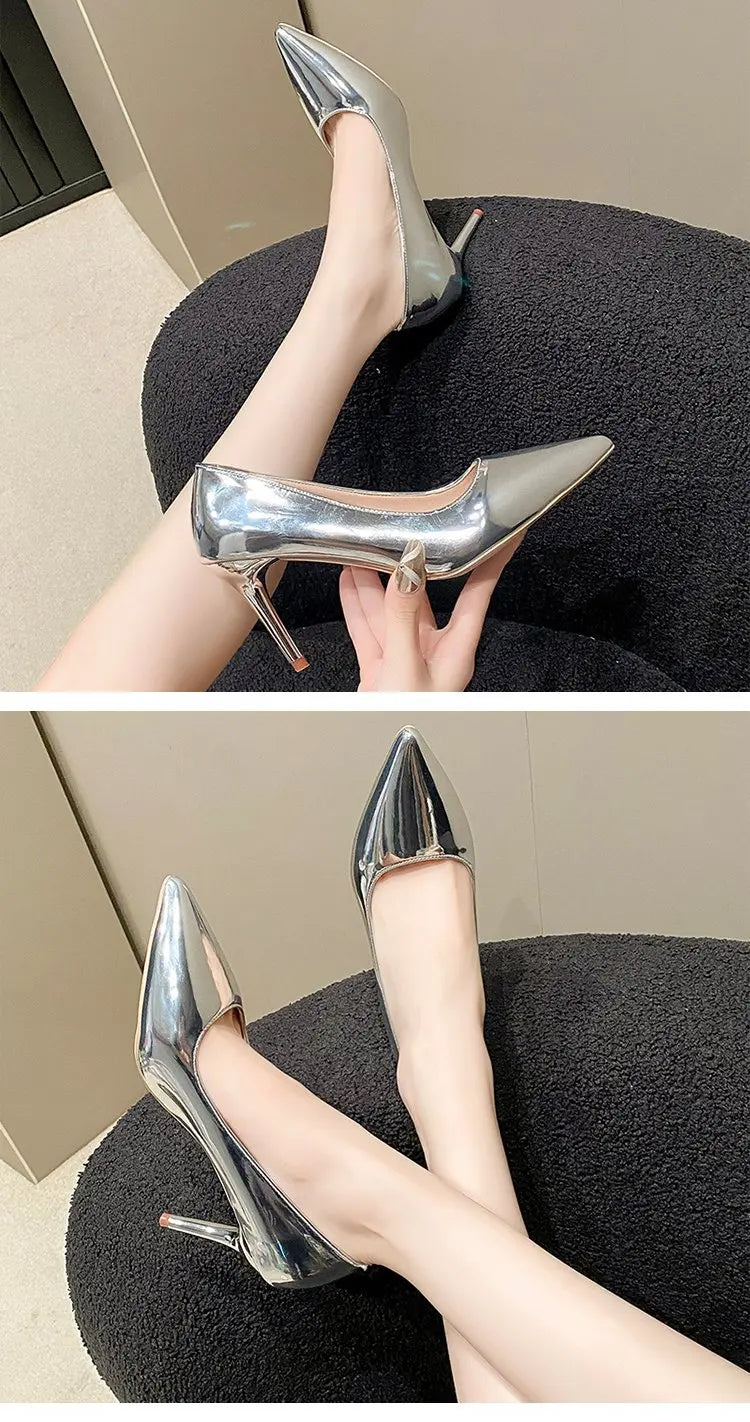 Soft Leather Sliver Gold High Heels 8/10cm Shoe Fashion Women Pumps Pointed Toe Slip-on Office Woman Wedding Shoes Large Size 43