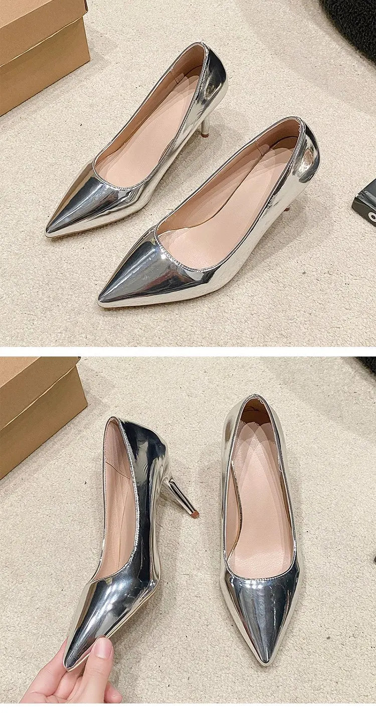 Soft Leather Sliver Gold High Heels 8/10cm Shoe Fashion Women Pumps Pointed Toe Slip-on Office Woman Wedding Shoes Large Size 43