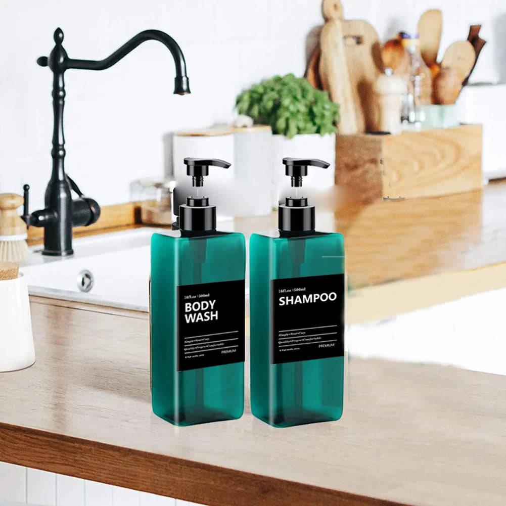 2x 500ml Refillable Square Soap Dispenser Bathroom Kitchen Liquid Storage Bottle Hand Dish Shampoo Container With Label Stickers