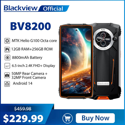 Blackview BV8200 Rugged phone 6.5" 2.4K 120Hz Display MTK Helio G100Smartphone 12GB 256GB 45W Charger CellPhone Android 14 NFC