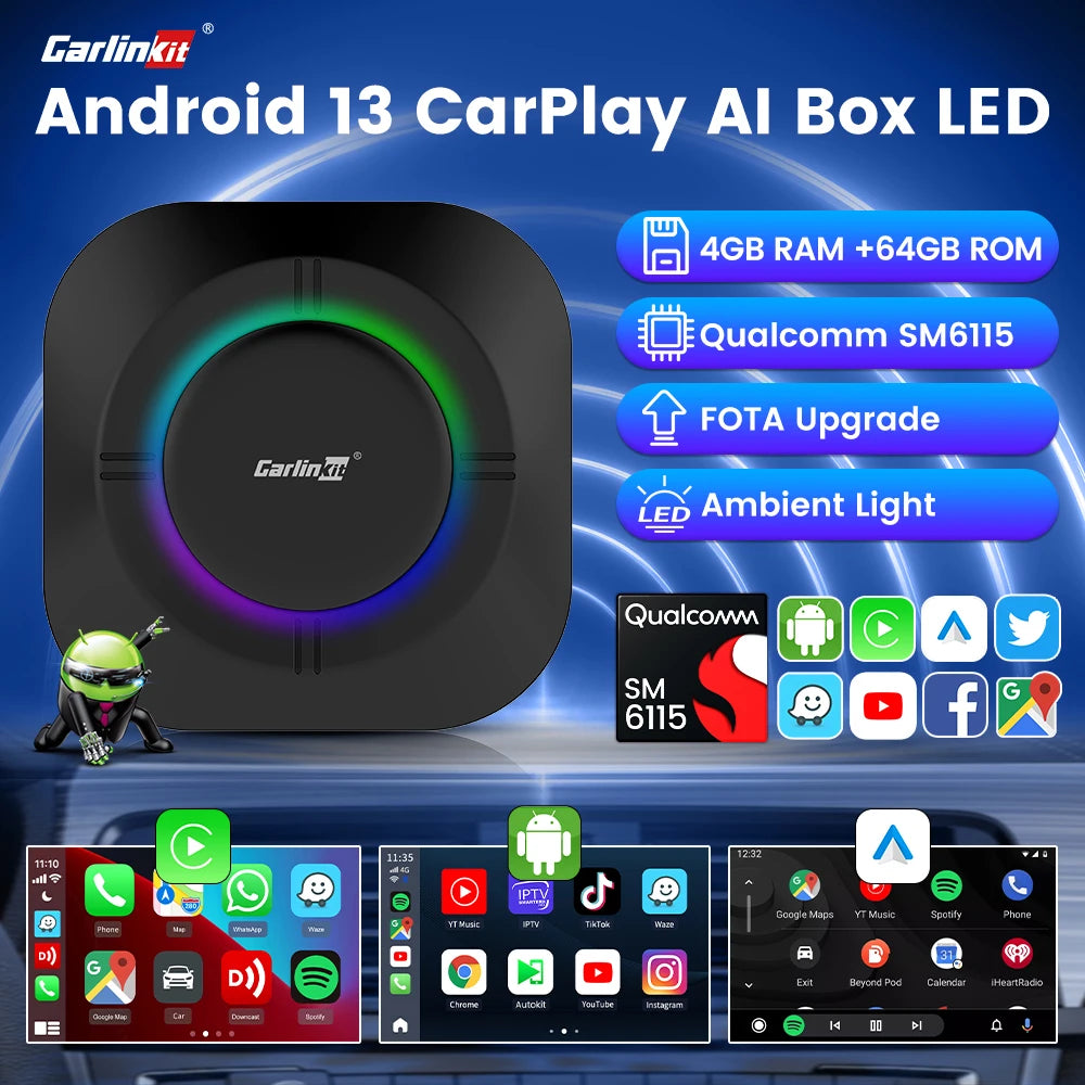 CarlinKit Android 13 LED AI Box Wireless CarPlay Wireless Android Auto Smart Car Multimedia Box Qualcomm Chip SD Expand to 512GB