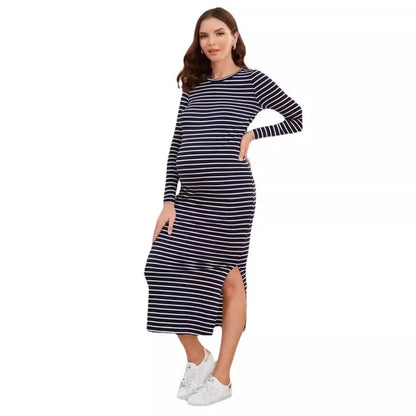 Women's Long-Sleeved Striped Round-Neck Maternity Dress, Sexy One-step Skirt, Casual Wear, Versatile, Spring, Summer