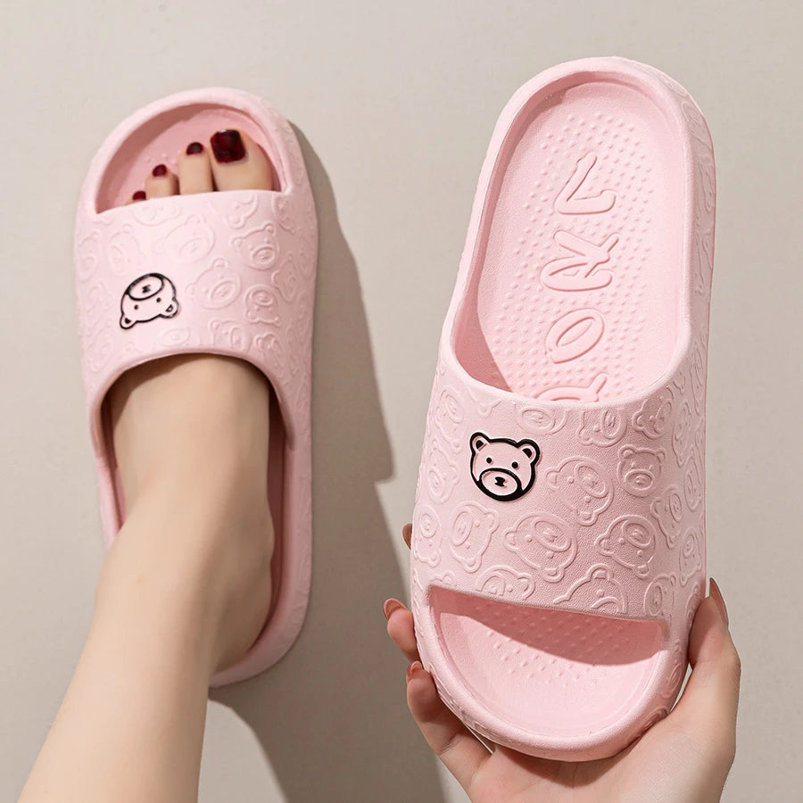 Summer Women's Slippers Home Cute Bear Thick Sole Non-slip Slides Bathroom Indoor Outdoor Men Fashion Cool Beach Shoes Couple