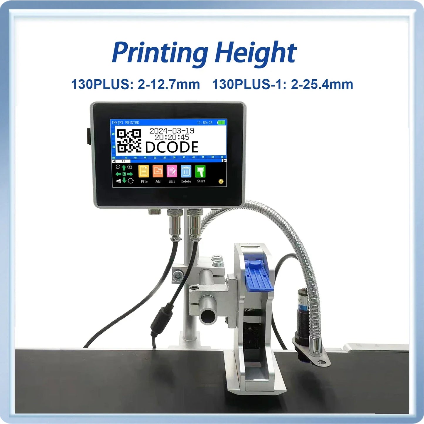 DCODE 130PLUS Industrial Online Inkjet Printer 12.7/25.4mm Nozzle with 4.3inch Screen QR Barcode Batch Number Logo Date Printer