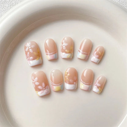 Painted Flower Handmade Press On Nails Fake Nails French Manicure Artistic Gentle False Full Cover Nail Patch Color Finger Tips