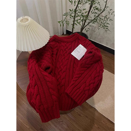 Vintage Red Sweater Women Christmas Long Sleeve Knitted Pullovers Streetwear Korean O Neck Knitwear Fall Winter Casual Jumpers