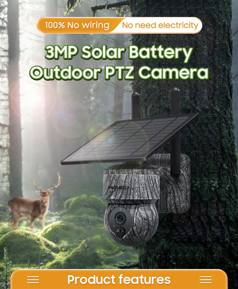 INQMEGA 3MP 4G WIFI Wireless PTZ Solar Camera 4G SIM with Solar Panel Two-Way Audio Security Protection CCTV Camera Battery Cam