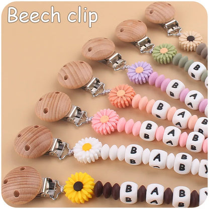 Baby Personalized Name Round Wooden Clips Flowers Silicone Beads Pacifier Chain for Teether Nursing Toys Handmade Dummy Holder