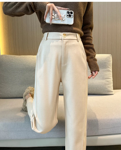 Woolen Pants Women's Harem Pencil Pants 2024 Autumn Winter High Waist Casual Pantalones Beige Black Women Ankle-Length Trousers