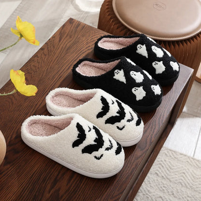 Warm Plush Slippers Women's Winter Halloween Black Spider Web Home Cotten Slippers Flip Men Indoor Floor Slippers Party Gifts