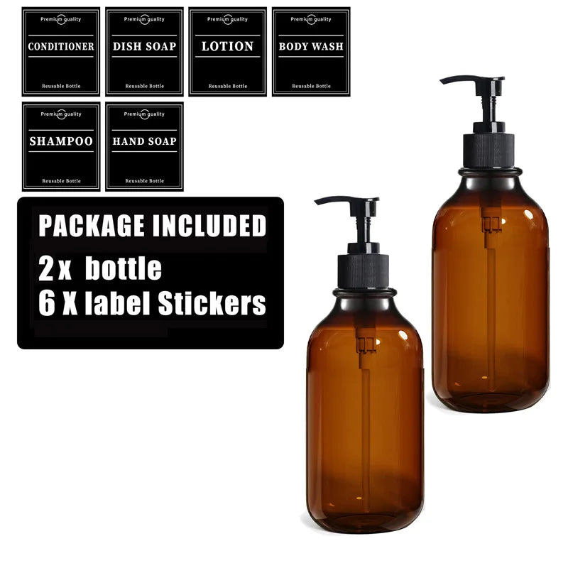 Brown Hand Soap Bottle Set with Sticker Shower Gel Household Shampoo Dispenser 500ml Liquid Container Bathroom Accessories