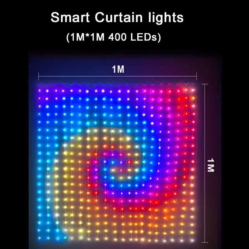 400LEDs Smart Curtain Lights Bluetooth App LED String RGB Fairy Lights DIY Music Change Display for Window Bedroom Decoration