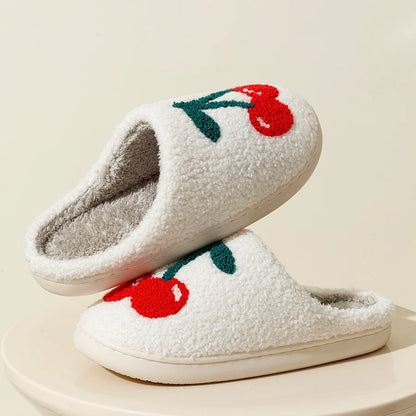 Super Cute Cherries Plush House Slippers for Women, Comfy Home Shoes, Flat Slip-on Slides, Platforms, Winter Slippers