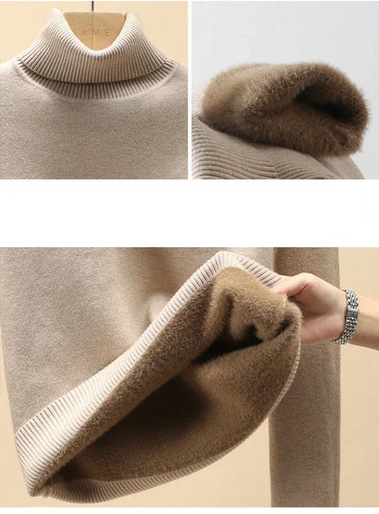 Winter Turtleneck Sweater Knitwear Women Elegant Thicken Velvet Lined Warm Sweaters Knitted Pullover Slim Tops Jersey Jumper New