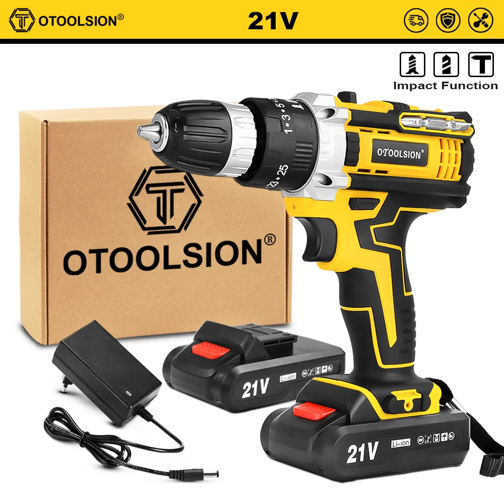 OTOOLSION New 21V Impact Cordless Drill Electric Screwdriver Rechargeable Battery Wireless Hand Drill Power Tools For DIY Home