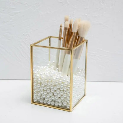 Transparent Glass Makeup Brush Storage Box Gold Cosmetics Container Ring Pencil Lipstick Holder Make Up Brushes Organizer