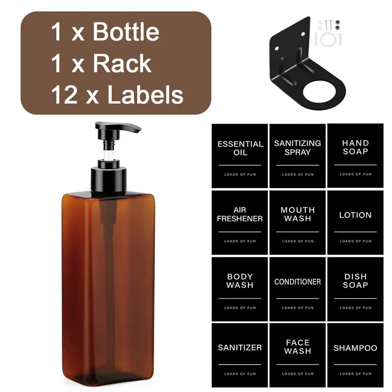 500ml Square Bottle With Label&amp;Rack Soap Dispenser Refillable Empty Shampoo Hand Sanitizer Conditioner Container for Bathroom