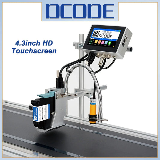 DCODE 130PLUS Industrial Online Inkjet Printer 12.7/25.4mm Nozzle with 4.3inch Screen QR Barcode Batch Number Logo Date Printer