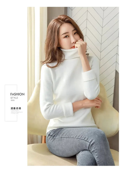 Winter Turtleneck Sweater Knitwear Women Elegant Thicken Velvet Lined Warm Sweaters Knitted Pullover Slim Tops Jersey Jumper New