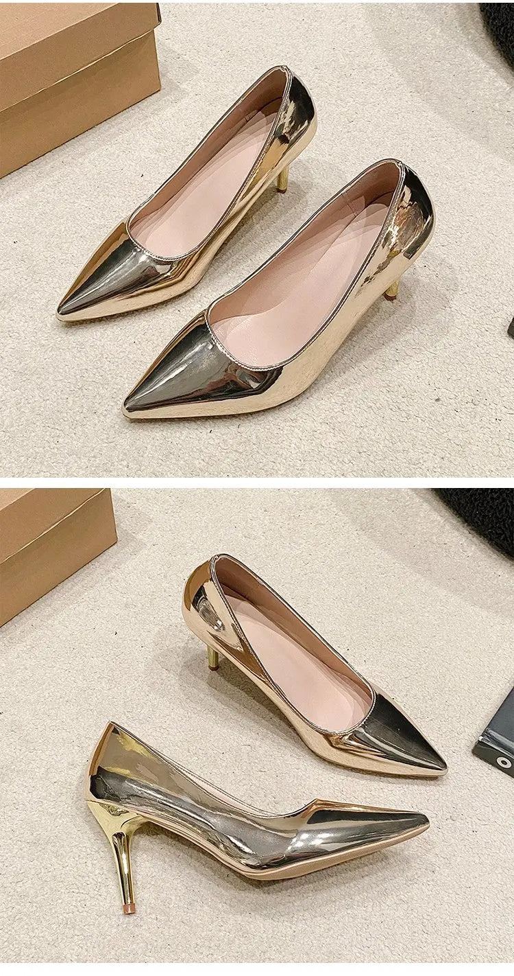 Soft Leather Sliver Gold High Heels 8/10cm Shoe Fashion Women Pumps Pointed Toe Slip-on Office Woman Wedding Shoes Large Size 43