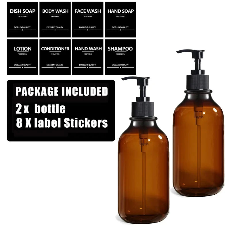 Brown Hand Soap Bottle Set with Sticker Shower Gel Household Shampoo Dispenser 500ml Liquid Container Bathroom Accessories