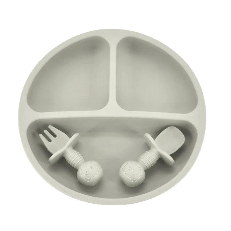 3Pcs Silicone Baby Feeding Set BPA Free Suction Bowl Divided Plate Spoon Fork Silicone Bibs Children Tablewar