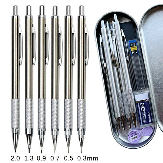 6pcs Metal Mechanical Pencil with Pen Box Lead Eraser Pencil Sharpener Set 0.3 0.5 0.7 0.9 1.3 2.0mm Art Sketch Automatic Pencil 