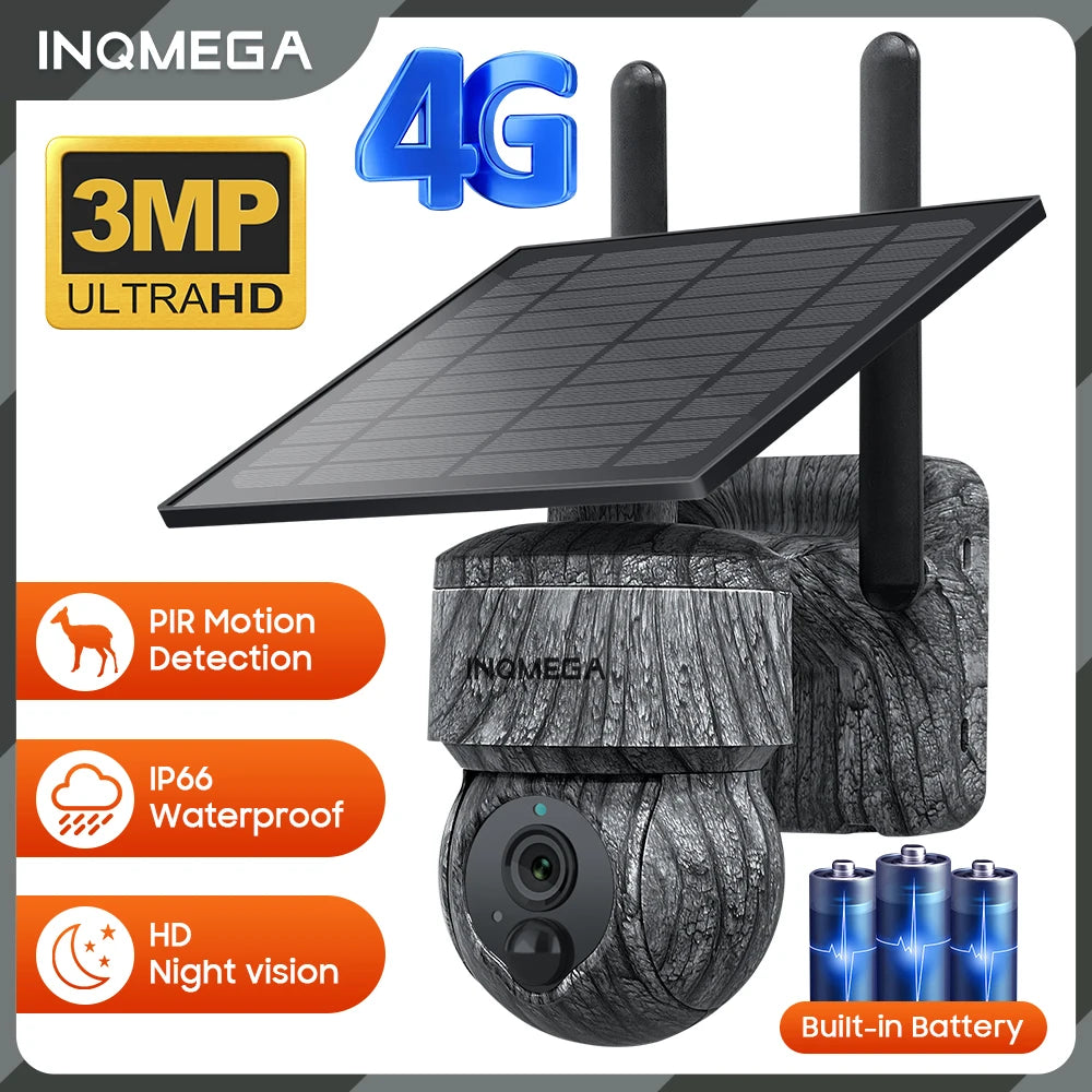 INQMEGA 3MP 4G WIFI Wireless PTZ Solar Camera 4G SIM with Solar Panel Two-Way Audio Security Protection CCTV Camera Battery Cam