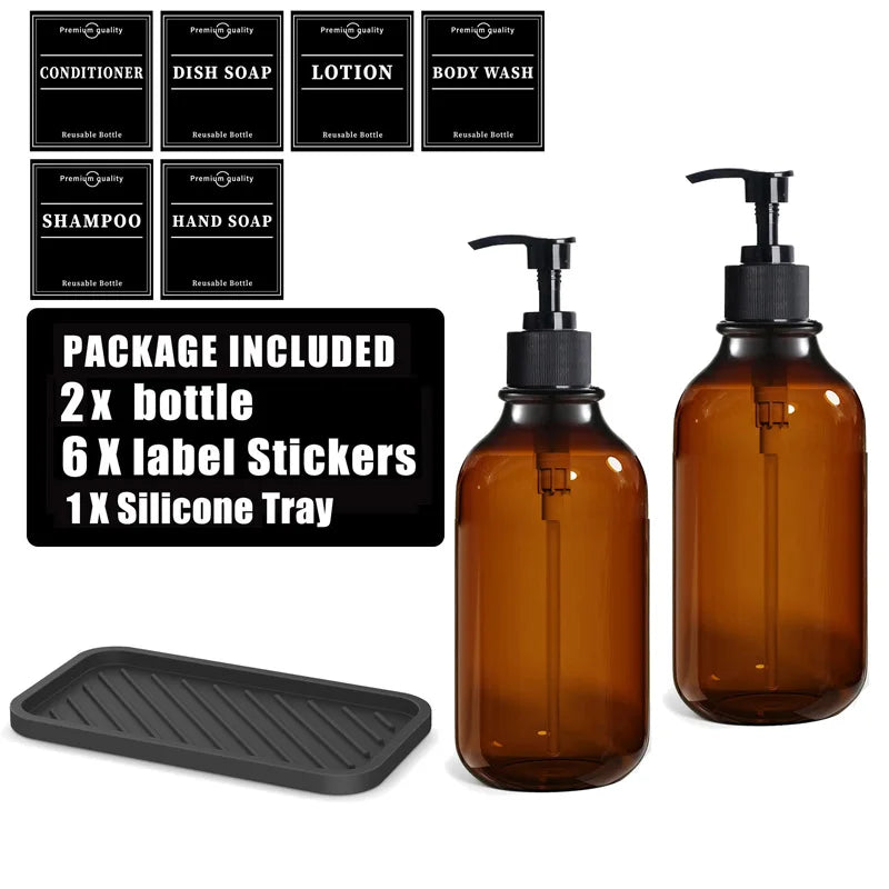 Brown Hand Soap Bottle Set with Sticker Shower Gel Household Shampoo Dispenser 500ml Liquid Container Bathroom Accessories