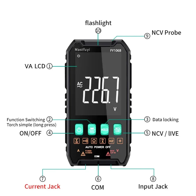 MASTFUYI Mini Digital Multimeter Smart Electrician Tester For DC/AC Voltage Capacitance Ohm Hz NCV Professional Multitester