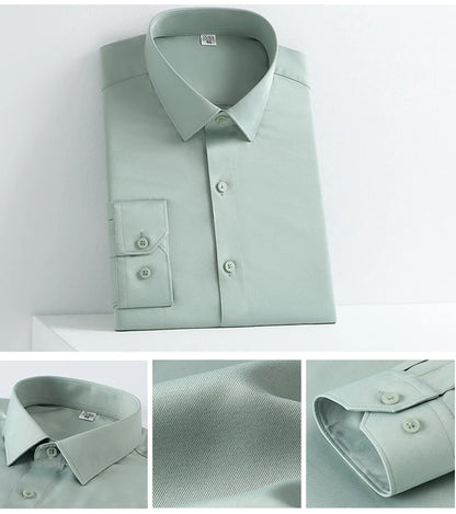 Men's Stretchy Smooth Long Sleeve Solid Dress Shirt Without Pocket Comfortable Standard-fit Wrinkle Free Smart Casual Shirts