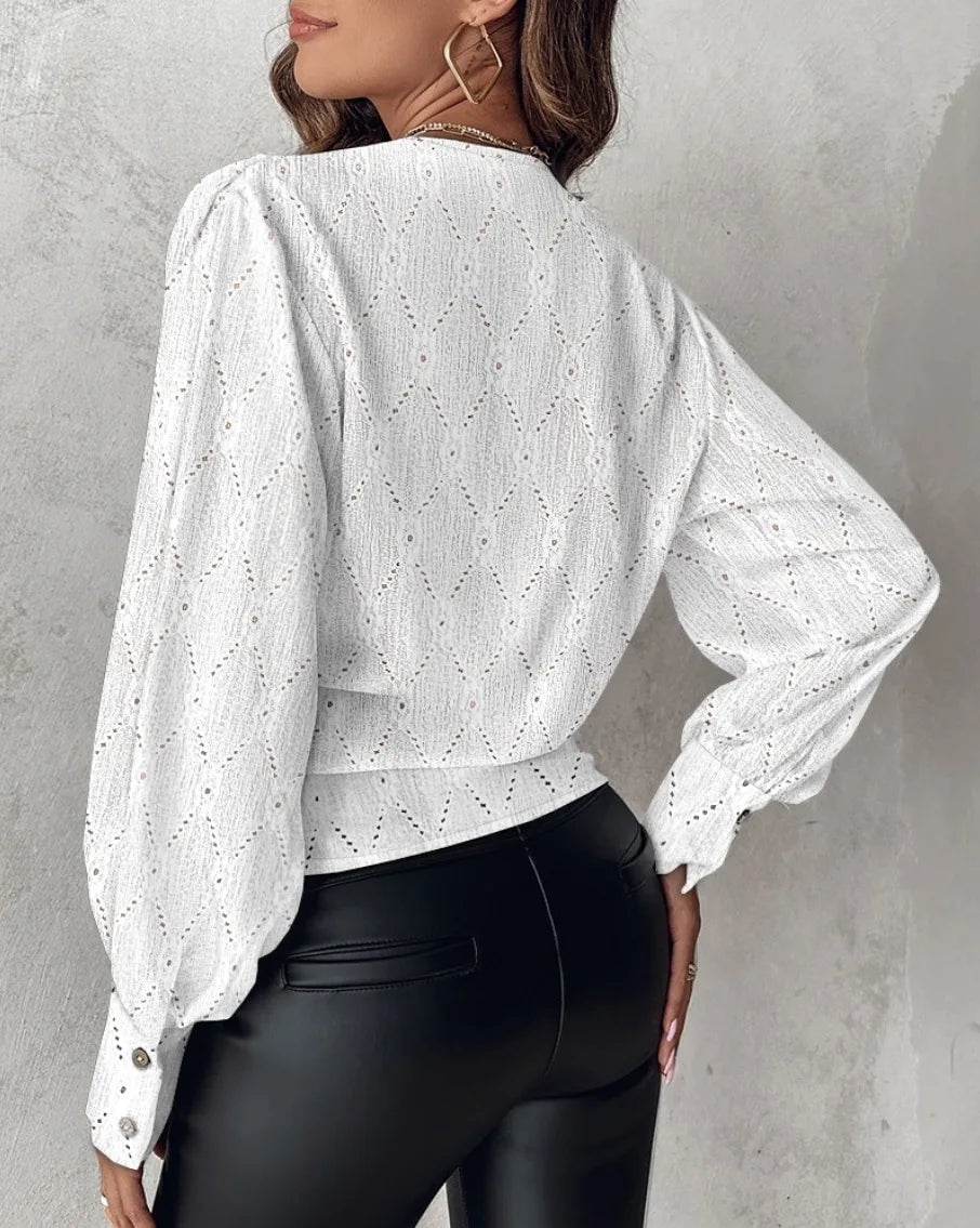 Sexy V Neck Long Sleeve Shirts Blouses Office Lady Spring summer Fashion Elegant Solid White blouse For Women 2024 Female Tops