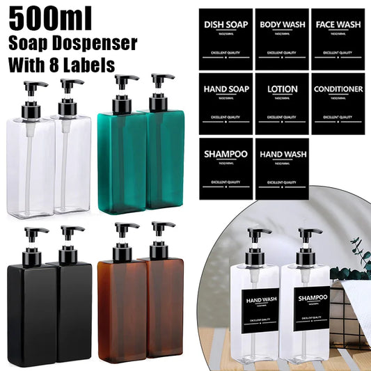 2PCS 500ml Refillable Square Soap Dispenser Bathroom Hand Pump Bottle Liquid Shampoo Body Wash Container With Waterproof Labels